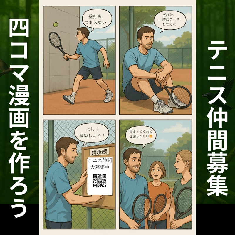 テニスをしよう！4コマ漫画風
