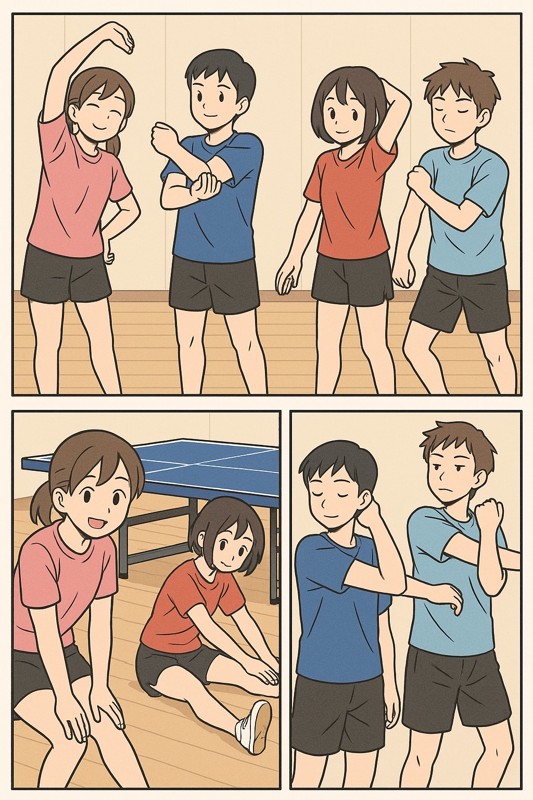 練習前後に準備運動しています。