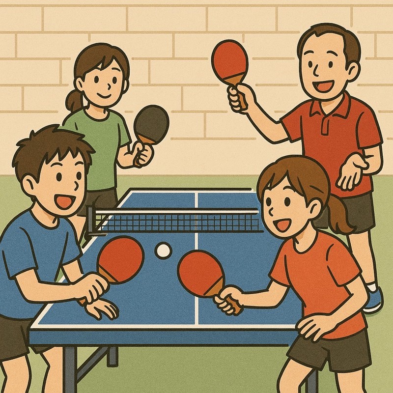  笑顔あふれる卓球練習中。