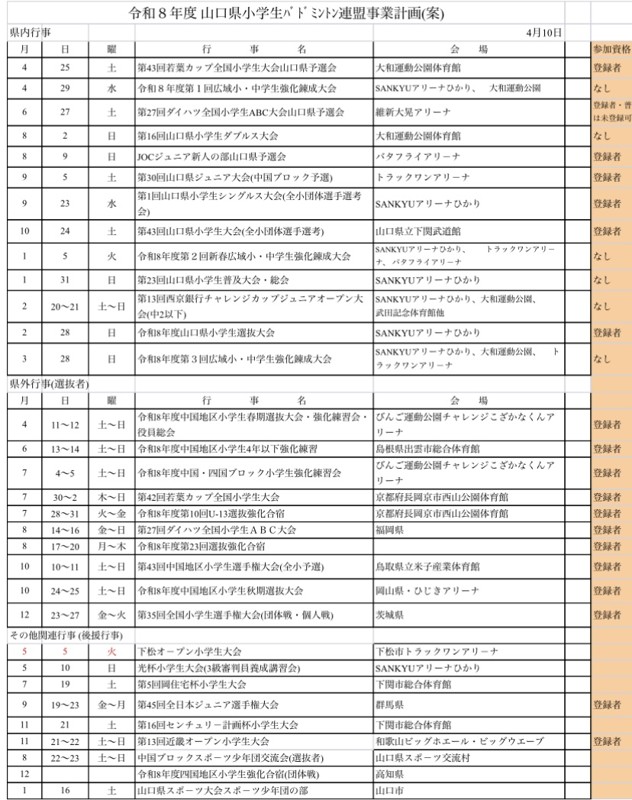 公式大会の年間計画表